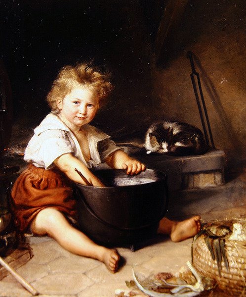 Criança com gato em um interior (óleo sobre tela) de French School
