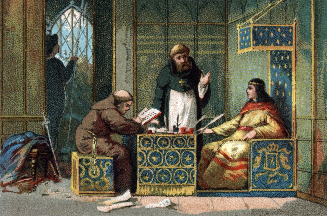 Childebert II, rei da França de 695a 711 no seu castelo do Oise, rodeado por monges que partilham a sua obra. Cromolitografia por volta de 1890. de French School