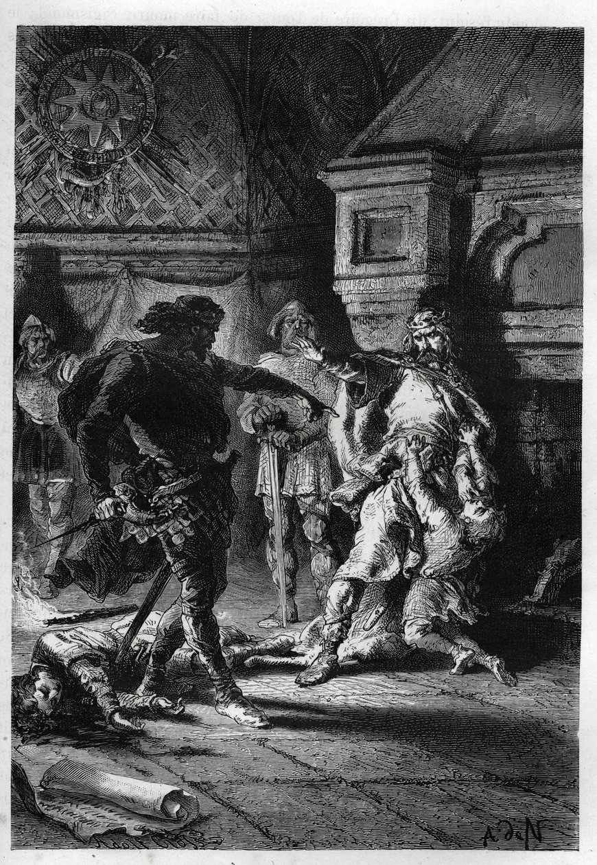 Childebert I (c498-558) no assassinato dos herdeiros de seus irmãos em 526 - Childebert I deixou Clotaire (Clothaire) massacrar os filhos de seu irmão Clodomir, rei de Orleans, cujos estados compartilham, 526 - gravura de "L