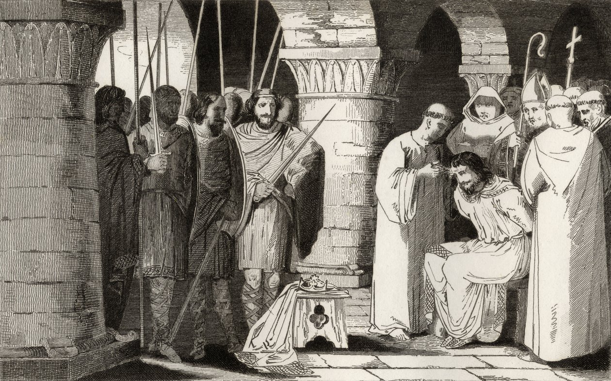 Childerico III (714-51) é destronado e confinado a um mosteiro, de &39;Histoire de France&39; por Colart, publicado em 1840 de French School