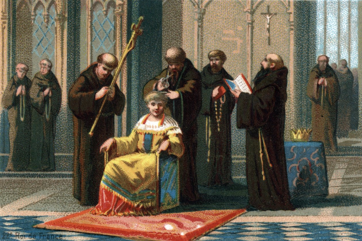 Childeric III, rei de 742 a 752, no mosteiro de Saint Bertin, perto de Saint-Omer, onde foi encarcerado pelo prefeito do palácio australiano, Charles Martel, 737. Cromolitografia por volta de 1890. de French School