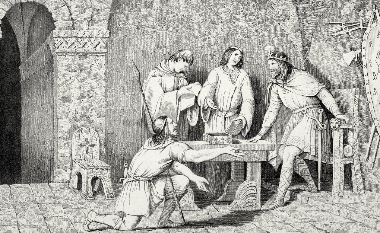 Childeric I (d.481) e a História das Duas Metades da Moeda de Ouro, de &39;Histoire de France&39; de Colart, publicado em 1840 de French School
