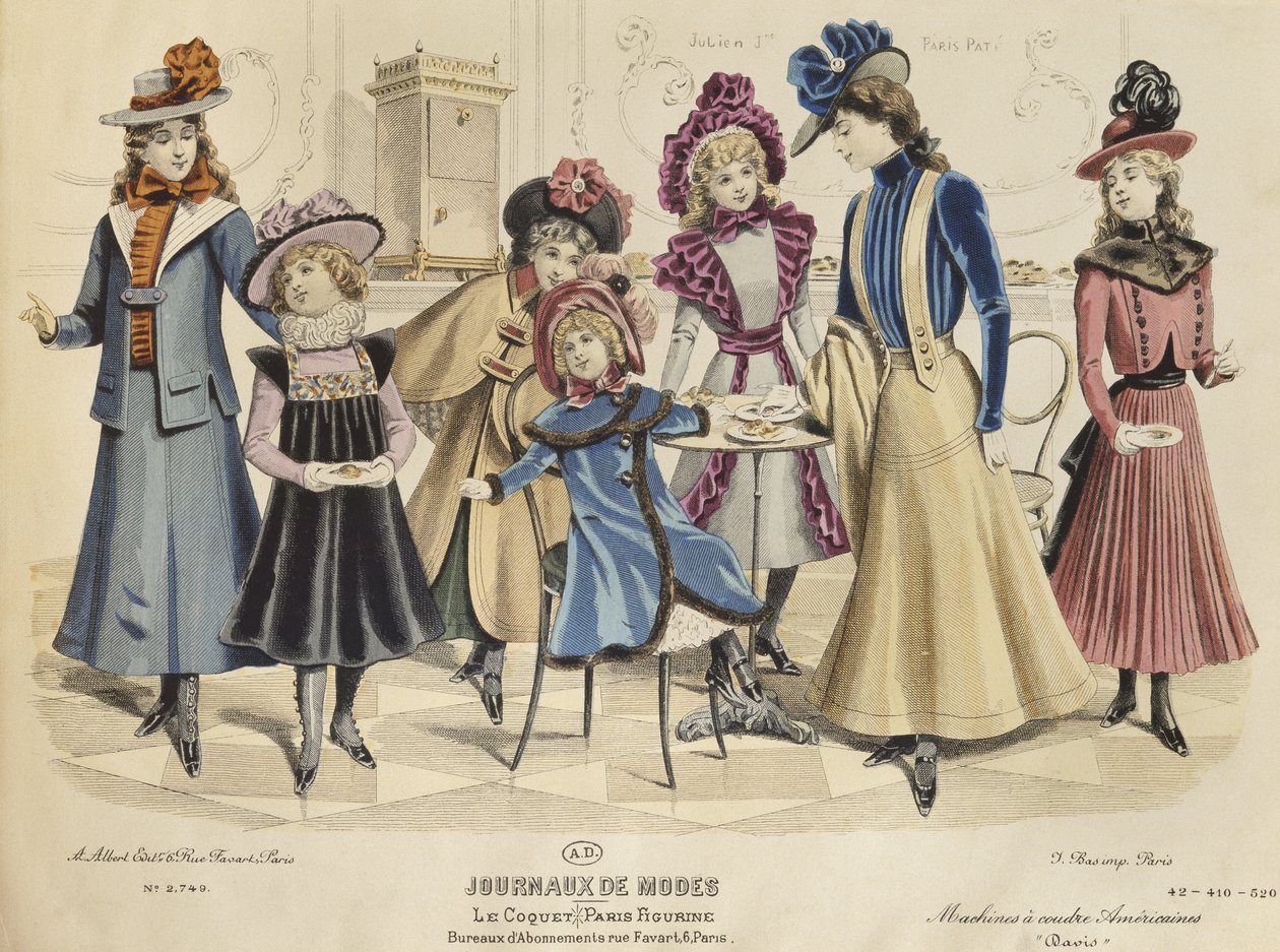 Trajes de crianças, ilustração de Journaux de Mode, de outubro de 1898 (gravura de cor) de French School
