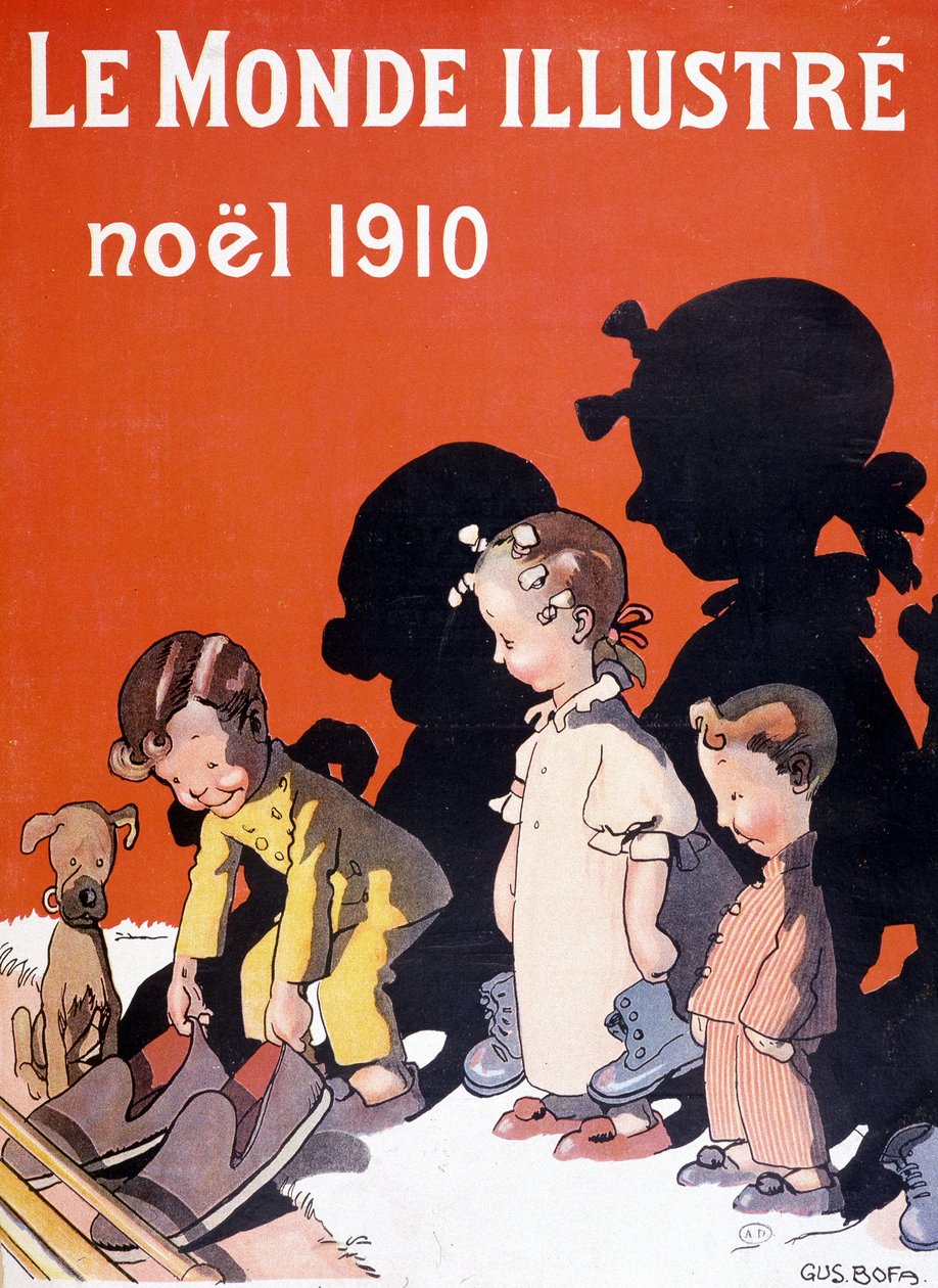 Crianças largando seus sapatos em frente à lareira para Papai Noel - no "Le Monde Ilustré de French School