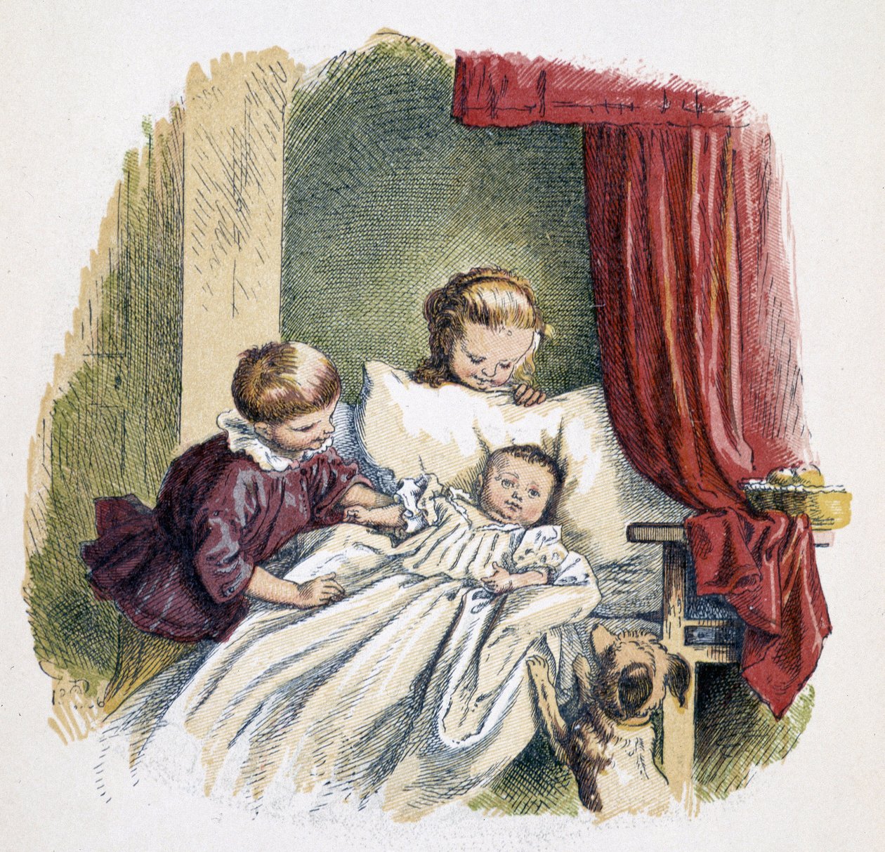 Crianças brincando com uma boneca em "Schnik, schnak, trivialidades para os pequenos", jogos infantis. ed. London- Georges Ronthedge e filhos. New York, The broad way Ludgate n.d. c. 1890. de French School