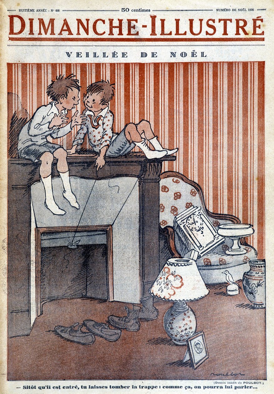 Crianças sentadas na chaminé, fazendo uma armadilha ao Pai Natal, para o jornal de Natal de 1930 "Le Dimanche illustrious" (gravura) de French School