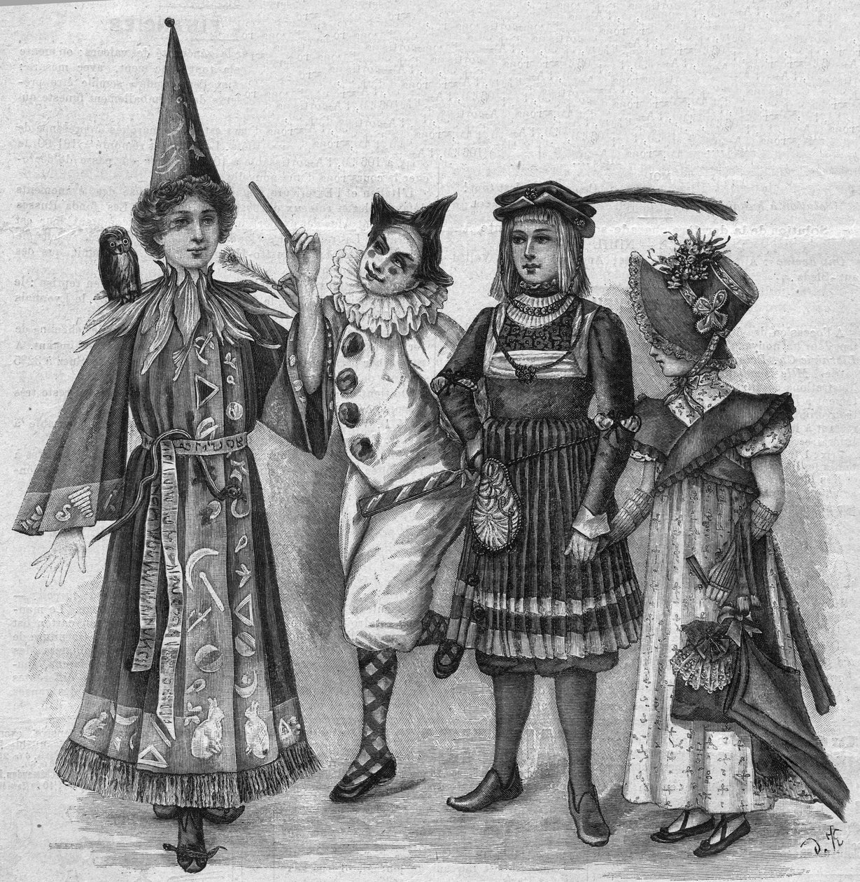Roupas de criança: fantasias de bruxa, palhaço, página e "Império". Gravura em "La gazette du dimanche" de 23 de Janeiro de 1896. de French School