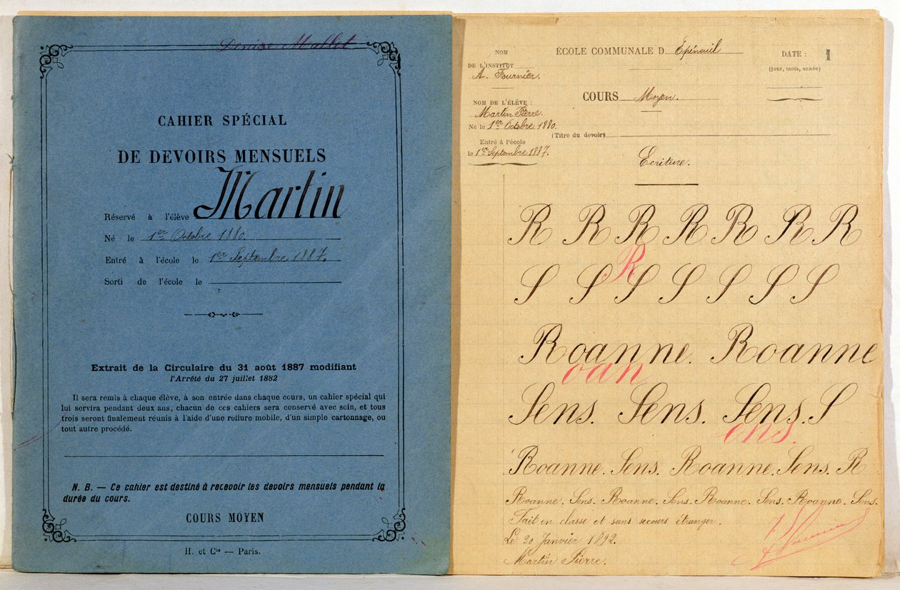 Childs livro de exercícios da escola em Epineuil, 1892 de French School