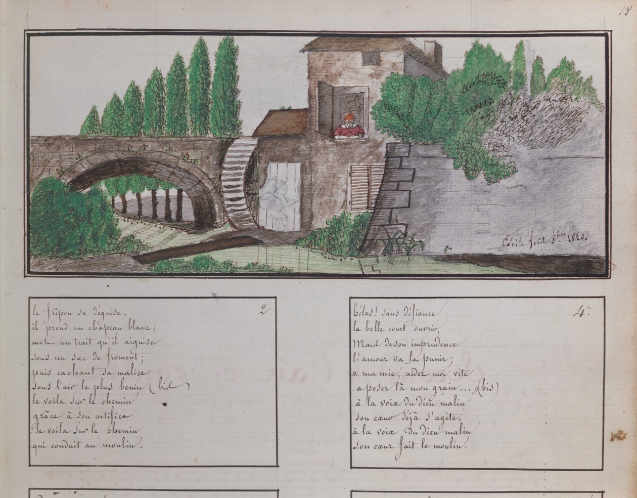 Childs esboço de um moinho de água, 1820 (crayon & wc) de French School