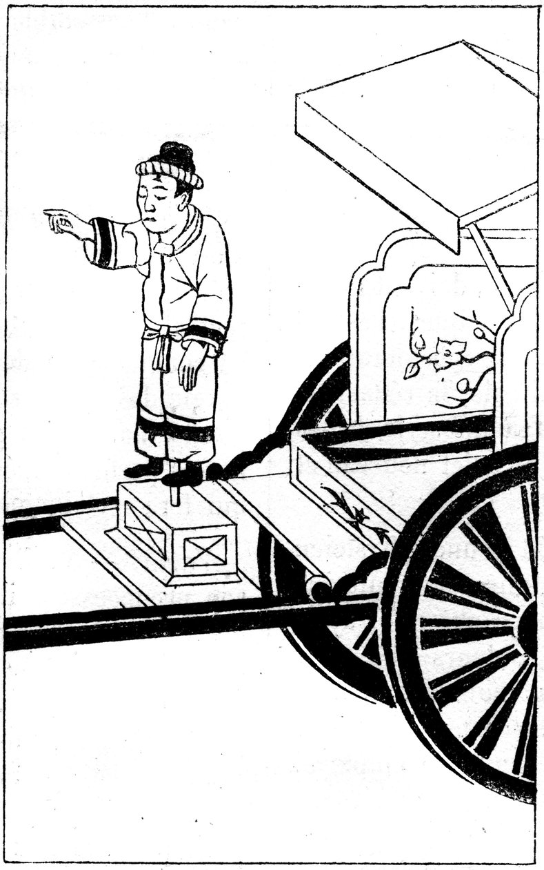 Compacto Chinês: Estátua magnética de um carro magnético japonês, em 658, esta figura, cujo dedo aponta sempre para o sul, guiou os percursos e expedições. Gravura em "La Nature". Revue des sciences et de ses applications aux arts et a l
