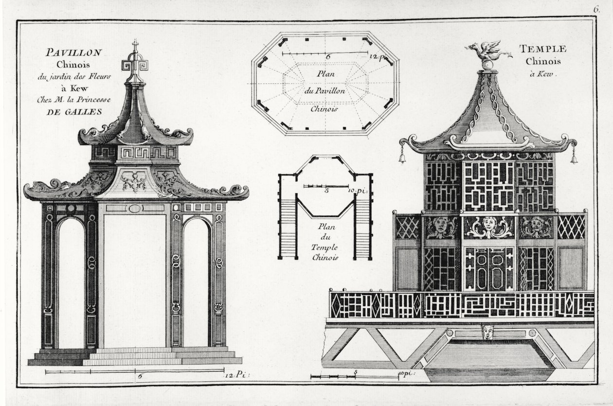 Pavilhão Chinês no Jardim das Flores, em Kew, dos Jardins Anglo-Chinois à la Mode, de George Louis le Rouge, publicado c.1776-88 de French School