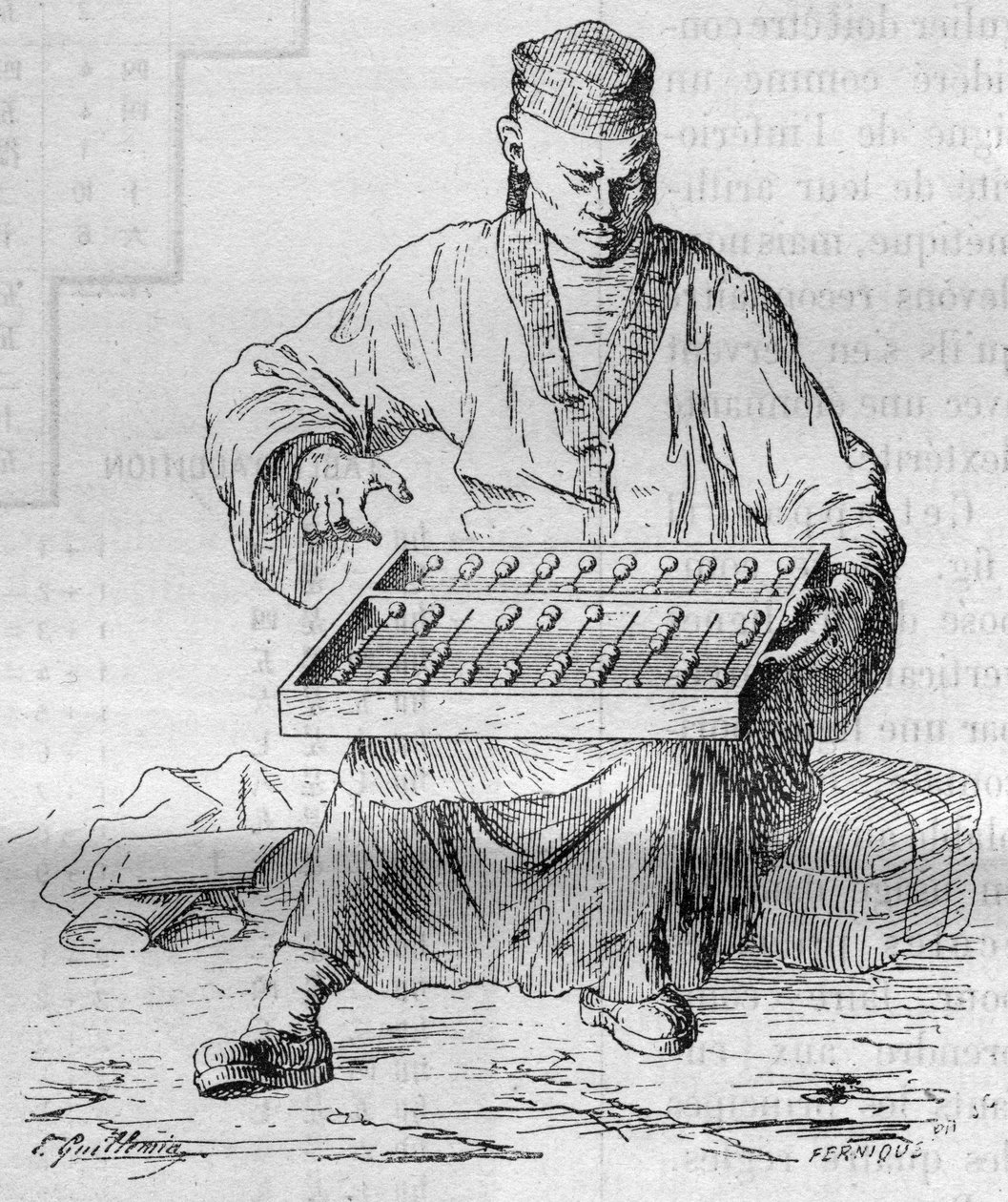Aparelho de computação chinês (abar). Gravura em "La Nature". Revue des sciences et de ses applications aux arts et a l