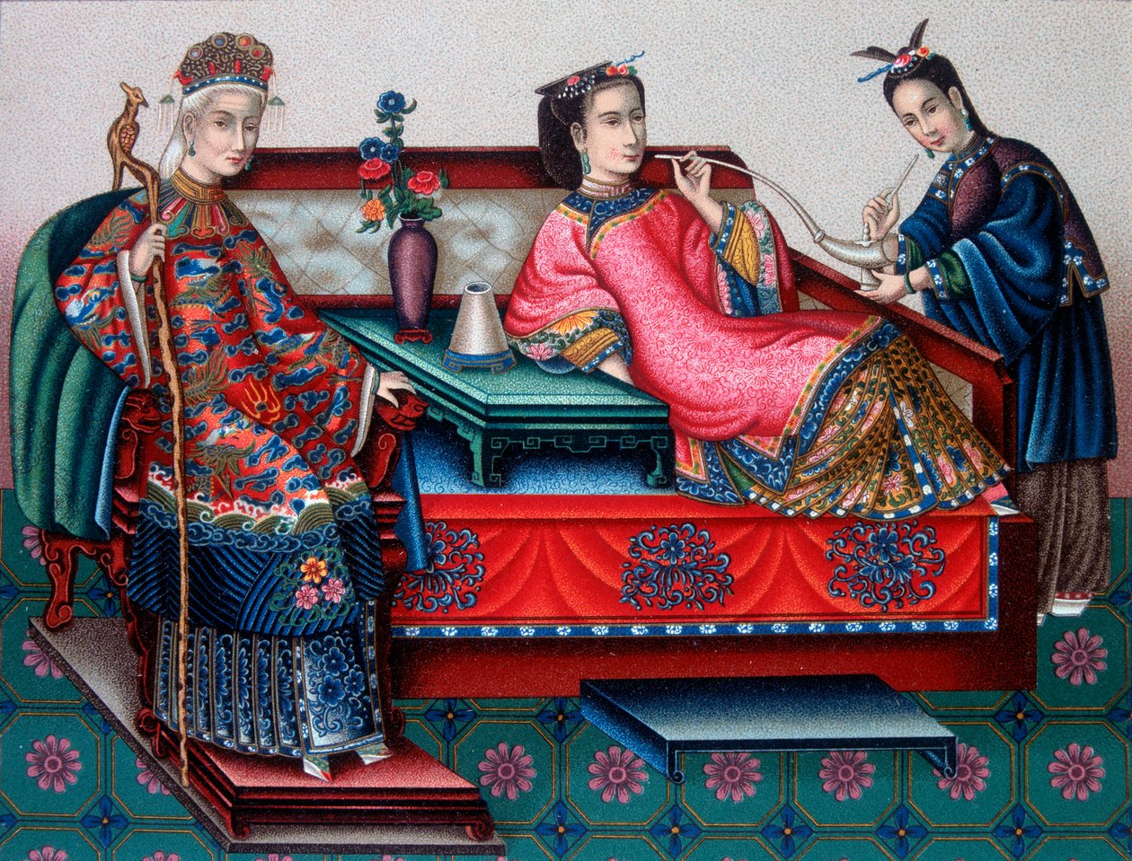Mulheres nobres chinesas fumando ópio - em "O traje histórico" de Racinet de French School