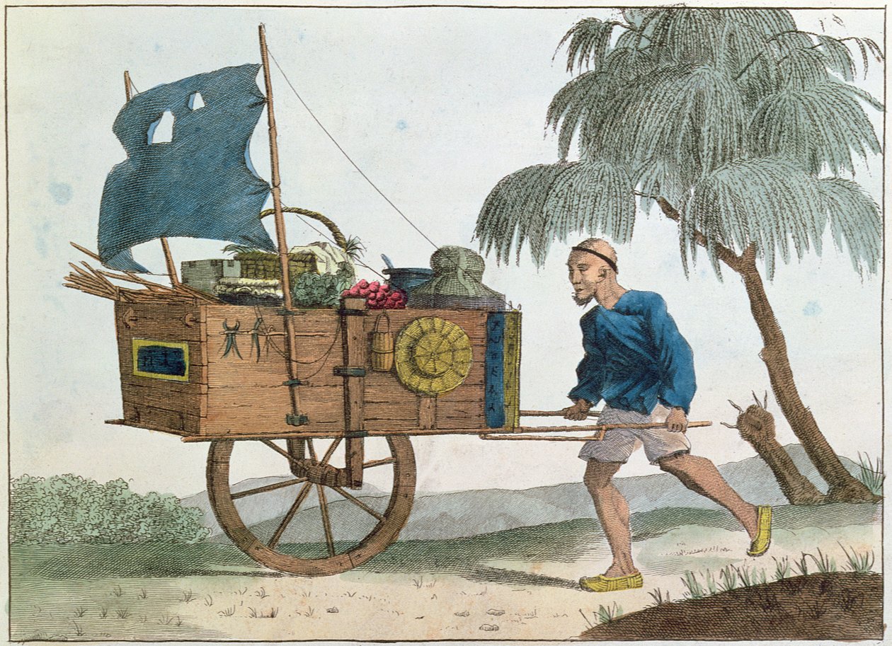 Camponês chinês com um carrinho de mão sob vela, 1811 de French School