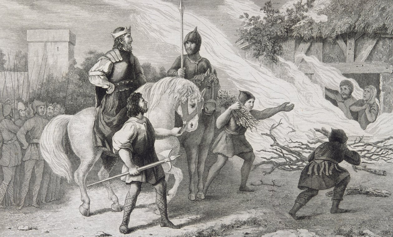 Chlotaire I (497-561) queima seu filho rebelde e sua família, de &39;Histoire de France&39; por Colart, publicado em 1840 de French School