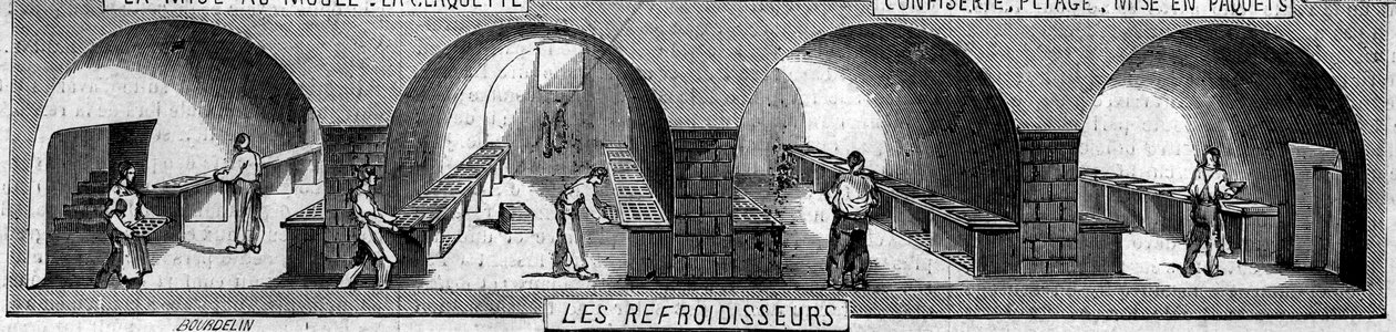Fabricação de chocolates: chillers. Usine de M. Masson, Paris de French School