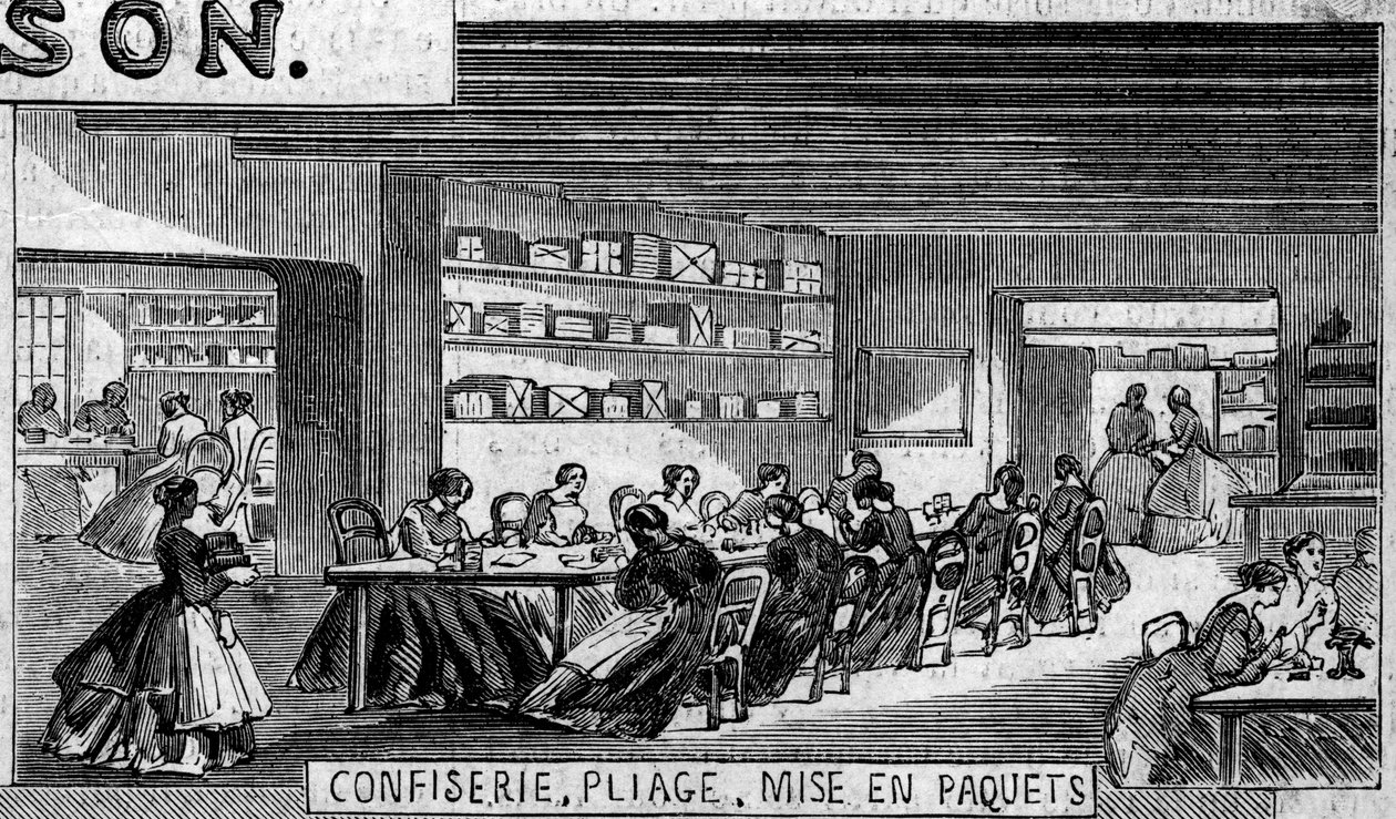 Fabricação de chocolate: confecção de bombons de chocolate, oficina de dobragem e embalagem. Usine de M. Masson, Paris de French School