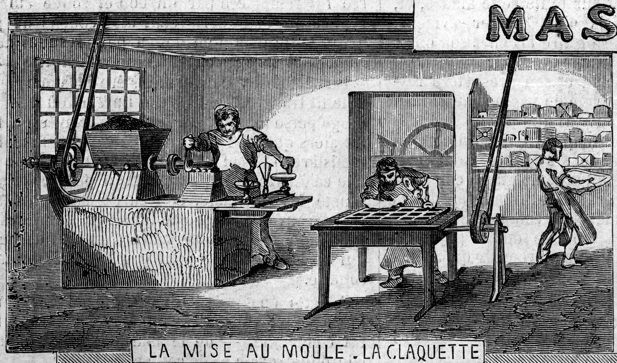 Fabrico de chocolate: pesagem e molde, torneira. Usine de M. Masson, Paris de French School