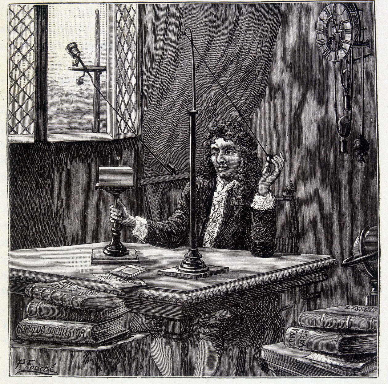 Christian Huyghens observando "a inclinação para o movimento" ou elasticidade corporal - em "Physique Populaire" de Emile Desbeaux de French School