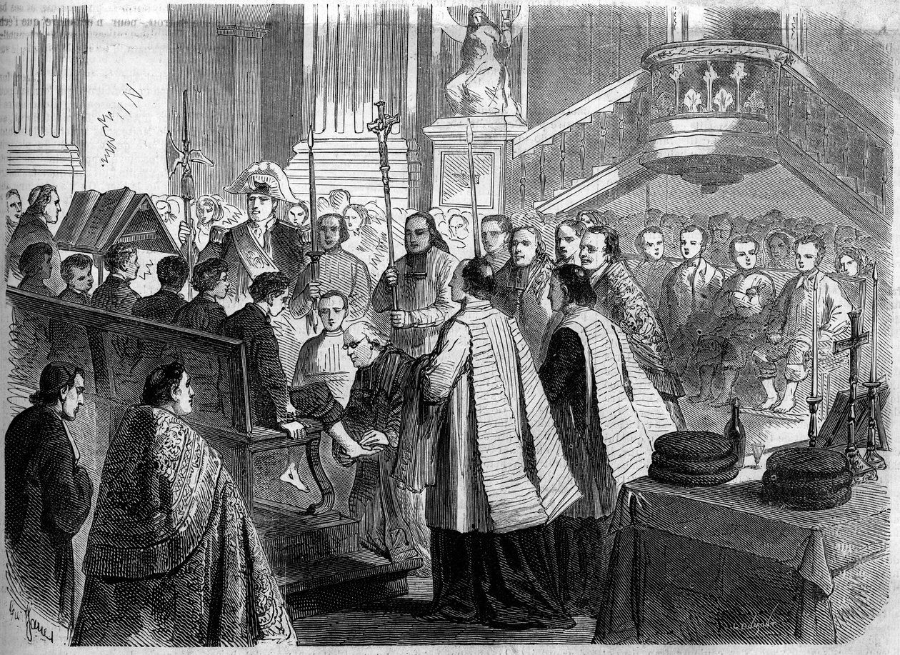Rito Cristão - Quinta-feira Santa - 1860: a lavagem dos pés na igreja de Saint Sulpice em Paris. Gravura no "Le Monde Illustré" n°156 de 7 de Abril de 1860. de French School