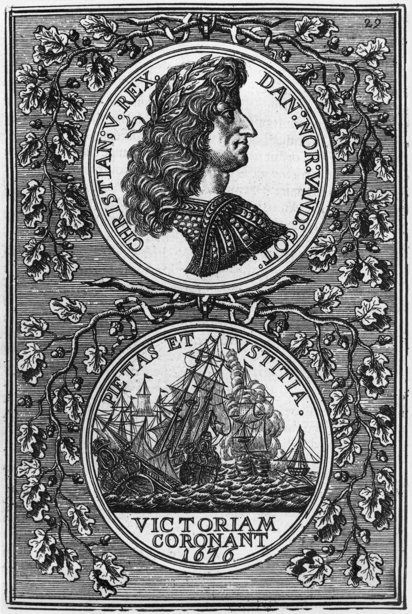 Christian V (1646-99) rei da Dinamarca e Noruega, ilustração da descrição de lUnivers por Allain Manesson Mallet (1630-1706) publicado em Paris, 1683 de French School