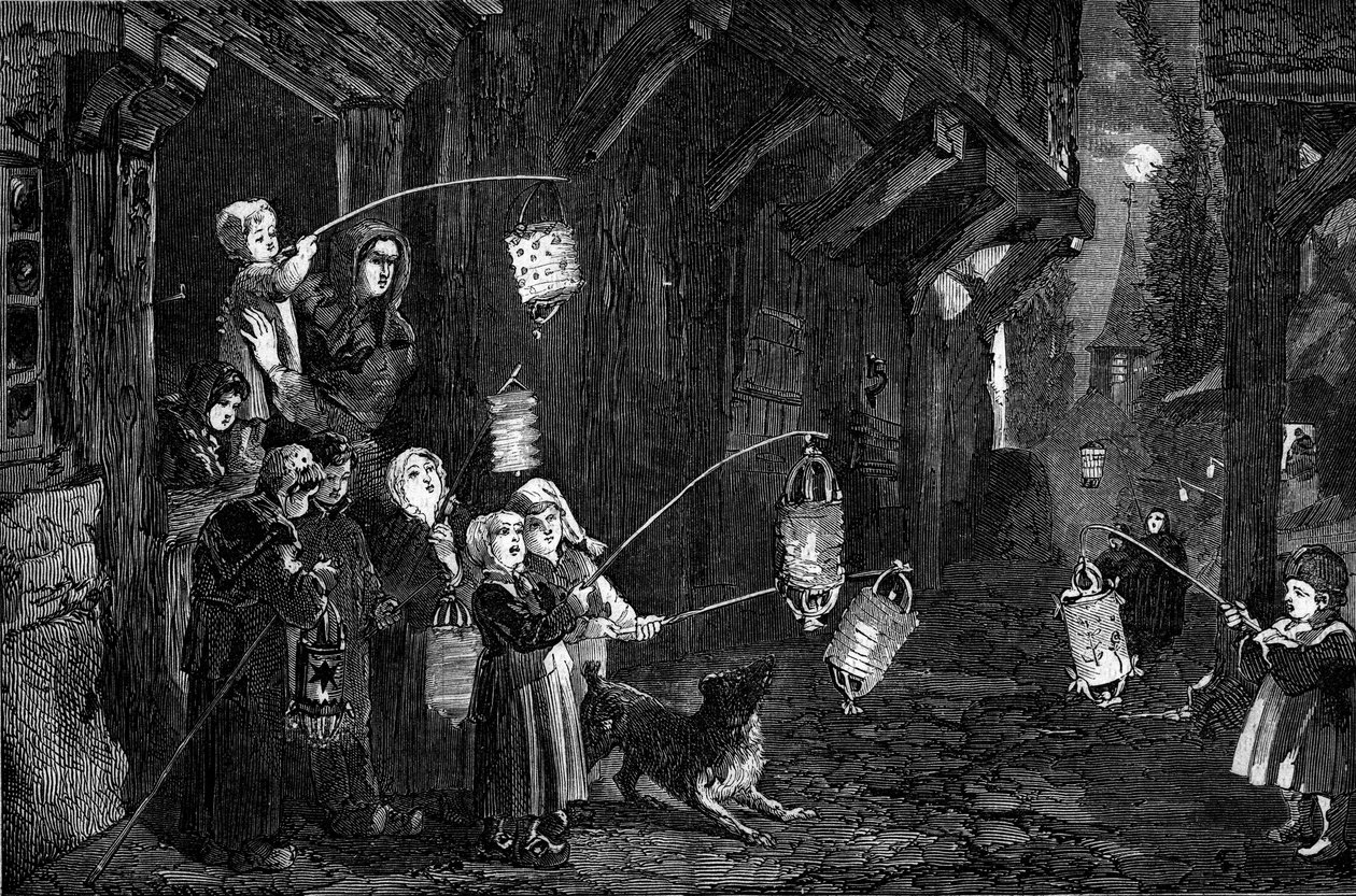 Costumes cristãos - Epifania - 1860: crianças de um vilarejo da Normandia com lanternas andando pelas ruas. Gravura em "Le Monde Illustré" n°143 de 7 de janeiro de 1860. de French School