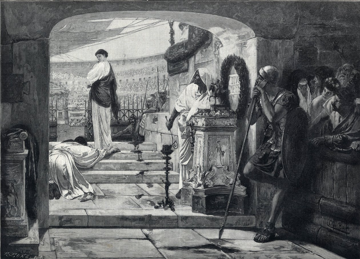 Um mártir cristão a entrar na arena para ser entregue aos animais. Gravura após o quadro de Albret Baur. de French School