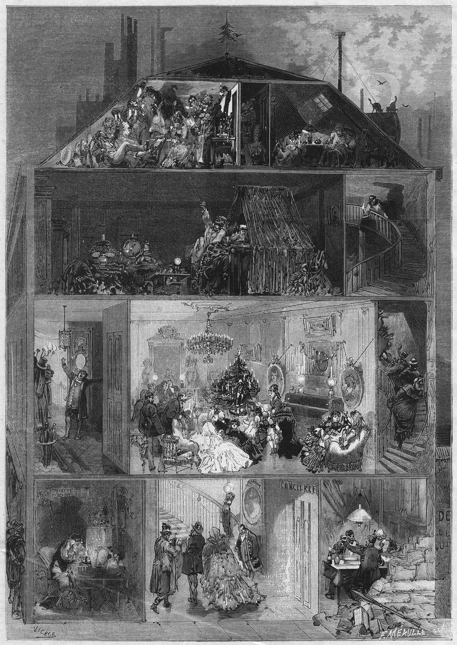 Véspera de Natal: secção transversal de um edifício parisiense que apresenta diferentes formas de celebrar o Ano Novo. Gravura no "Le Monde Illustré" n°810 de 19 de Outubro de 1872. de French School