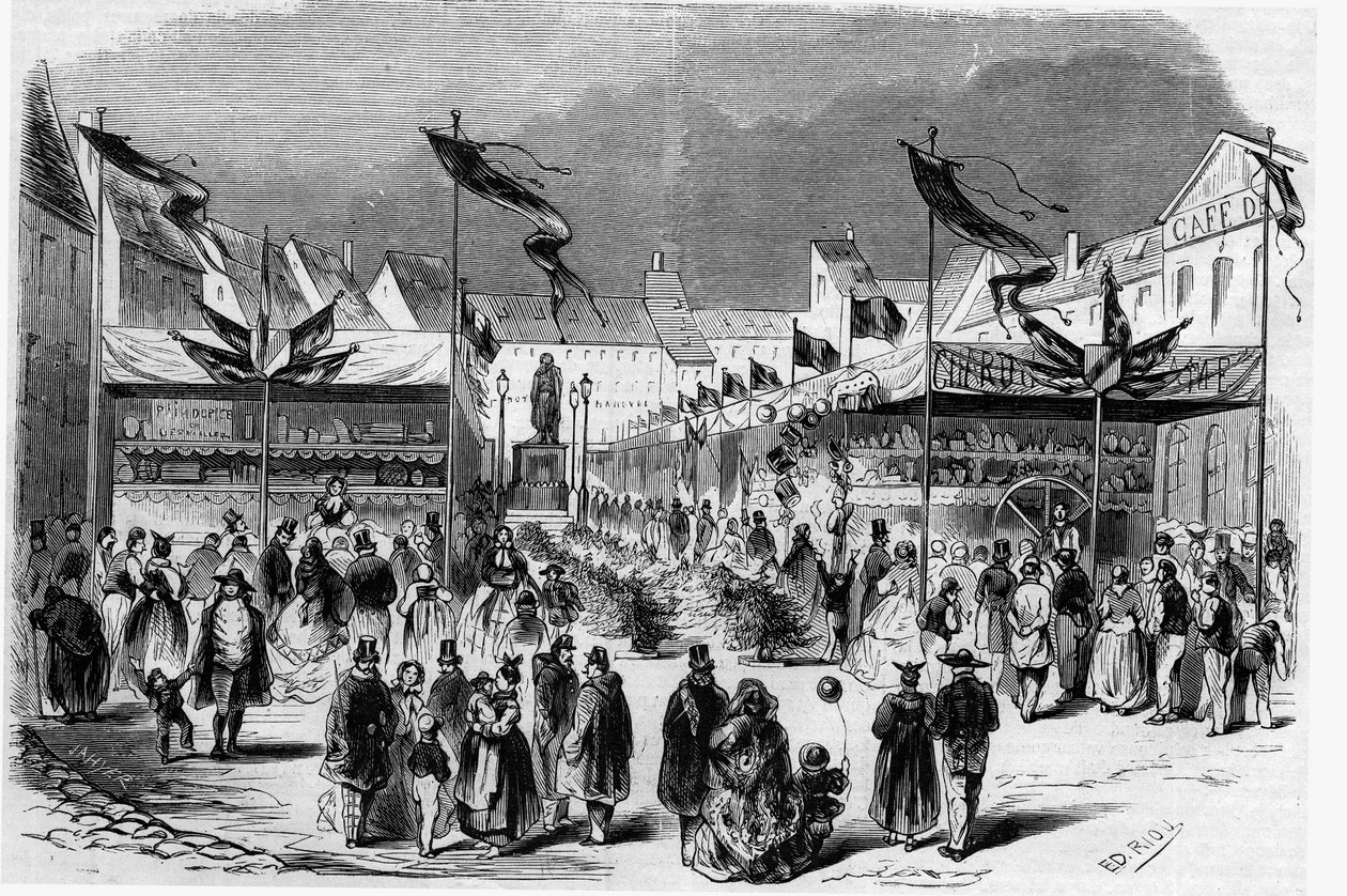 Festa de Natal na Alsácia: a Feira de Natal (do Menino Jesus) em Estrasburgo, em 1857. Gravura no "Le Monde Illustré" n°38 de 2 de janeiro de French School