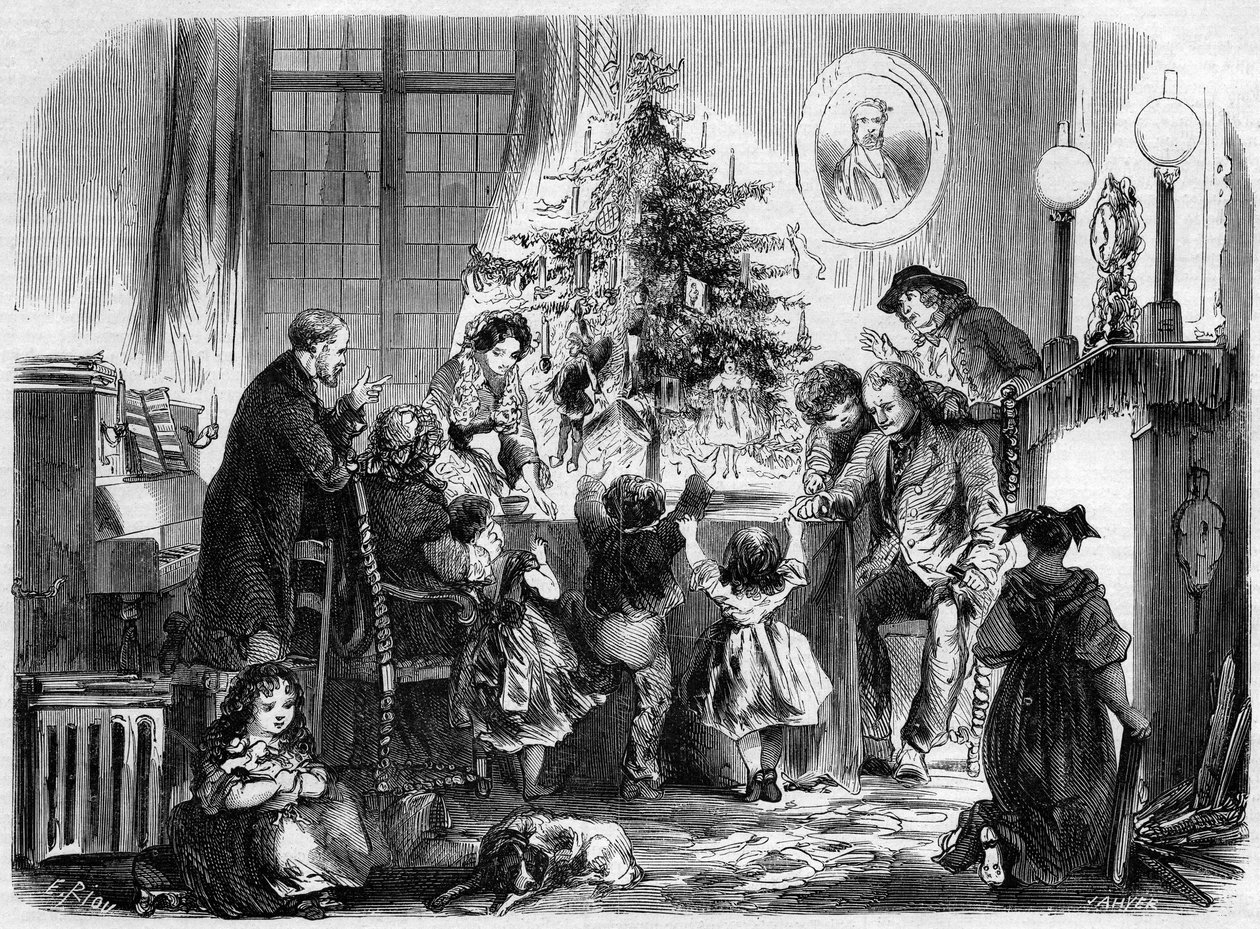 Festa de Natal na Alsácia: uma família reunida em torno da árvore de Natal. Gravação no "Le Monde Illustré" n°38 de 2 de janeiro de French School