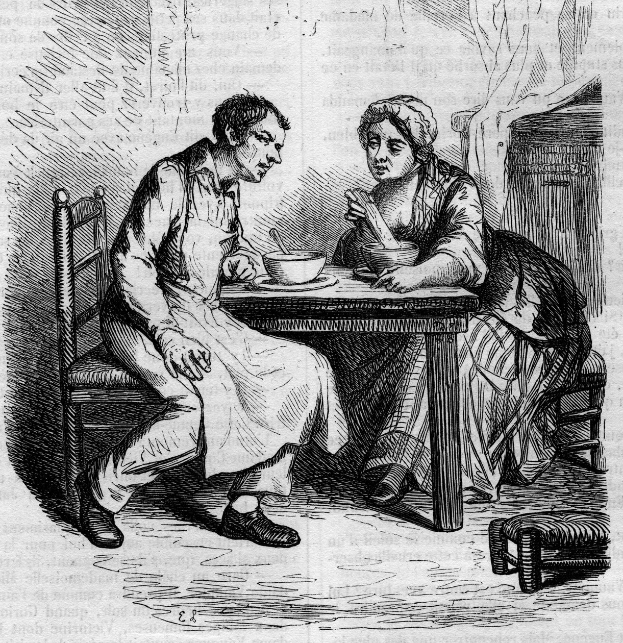 Christophe e a gorda Sylvie: criados a tomar o pequeno-almoço. Gravura de meados do século XIX. Ilustração para "O Padre Goriot" de Honore de Balzac (1799-1850). de French School
