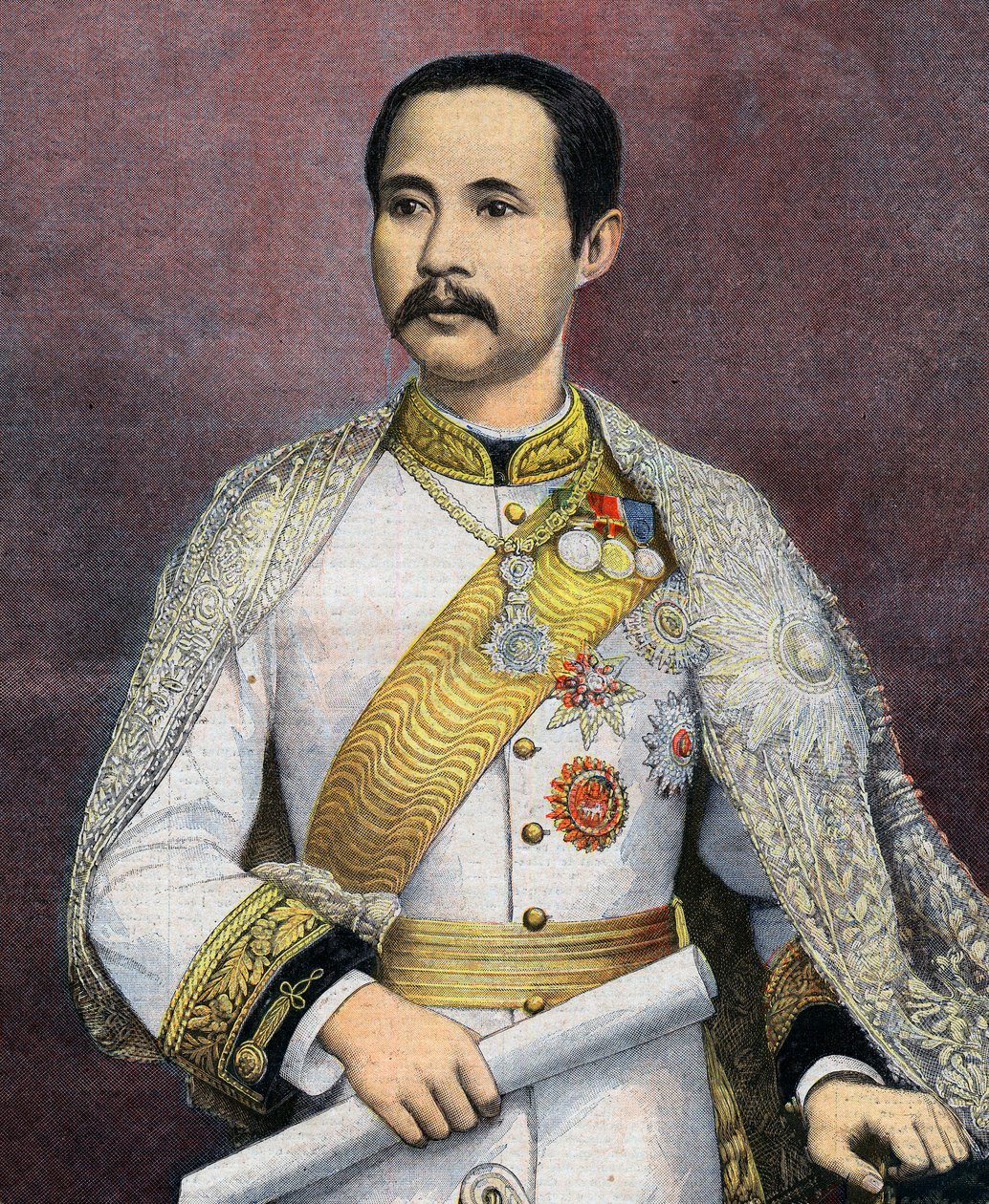 Chulalongkorn (1853-1910), Rei do Sião. Em 1897, Chulalongkorn tornou-se o primeiro monarca siamês a visitar a Europa. Ilustração de Le petit Journal de French School