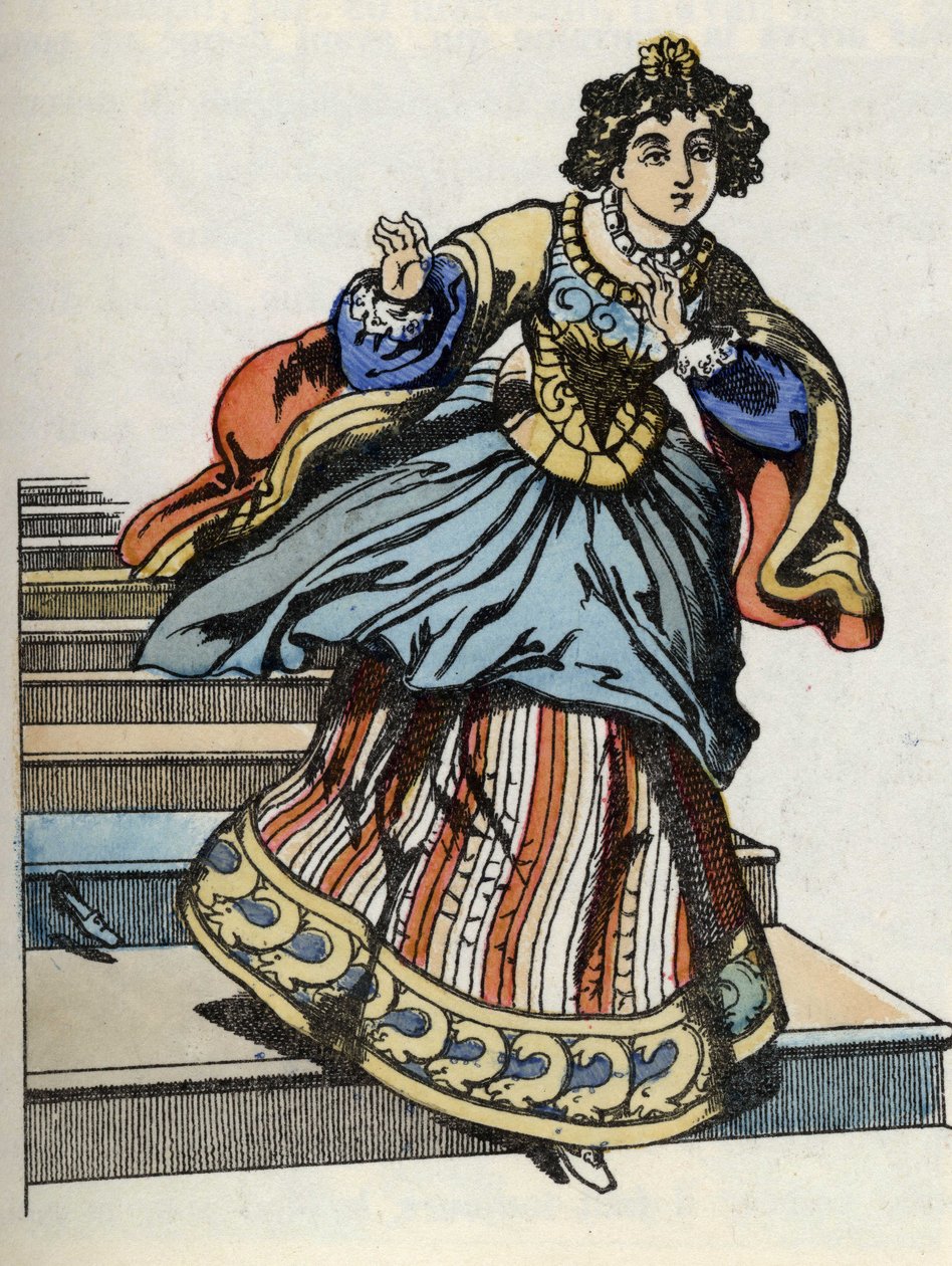 Cinderela a fugir da bola, aparece o seu sapato de vidro. Ilustração do conto de Charles Perrault "Cinderela ou La petite slipper de verre". de French School
