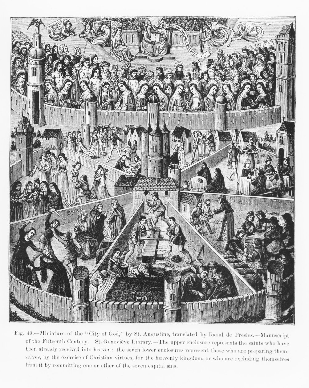 Cidade de Deus segundo Santo Agostinho, de um manuscrito traduzido por Raoul de Presles, ilustração da Ciência e Literatura da Idade Média e do Renascimento, escrita e gravada por Paulo de French School