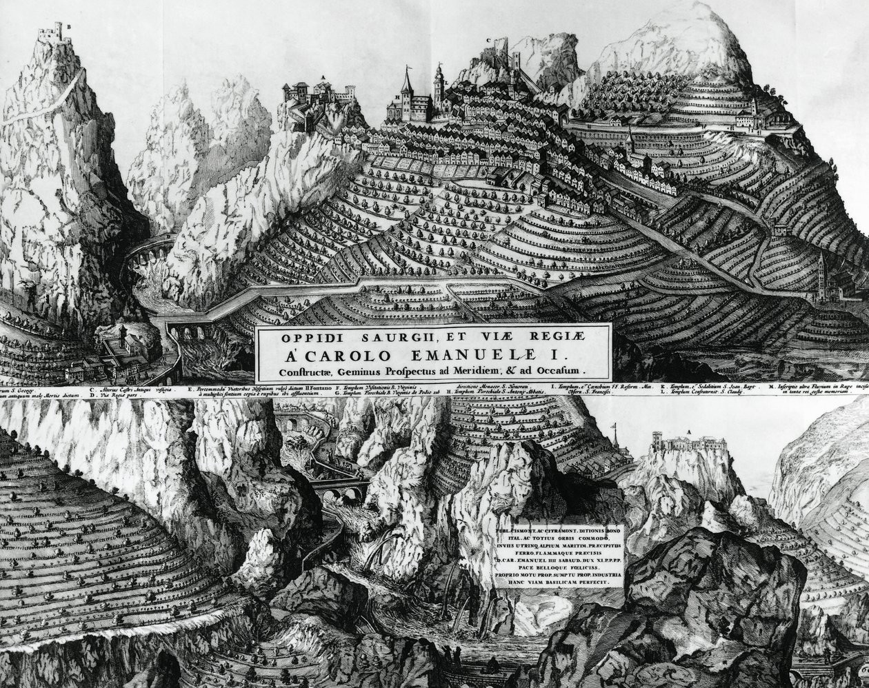 Cidade de Saorge, França, sob o domínio de Savoy, gravura de French School