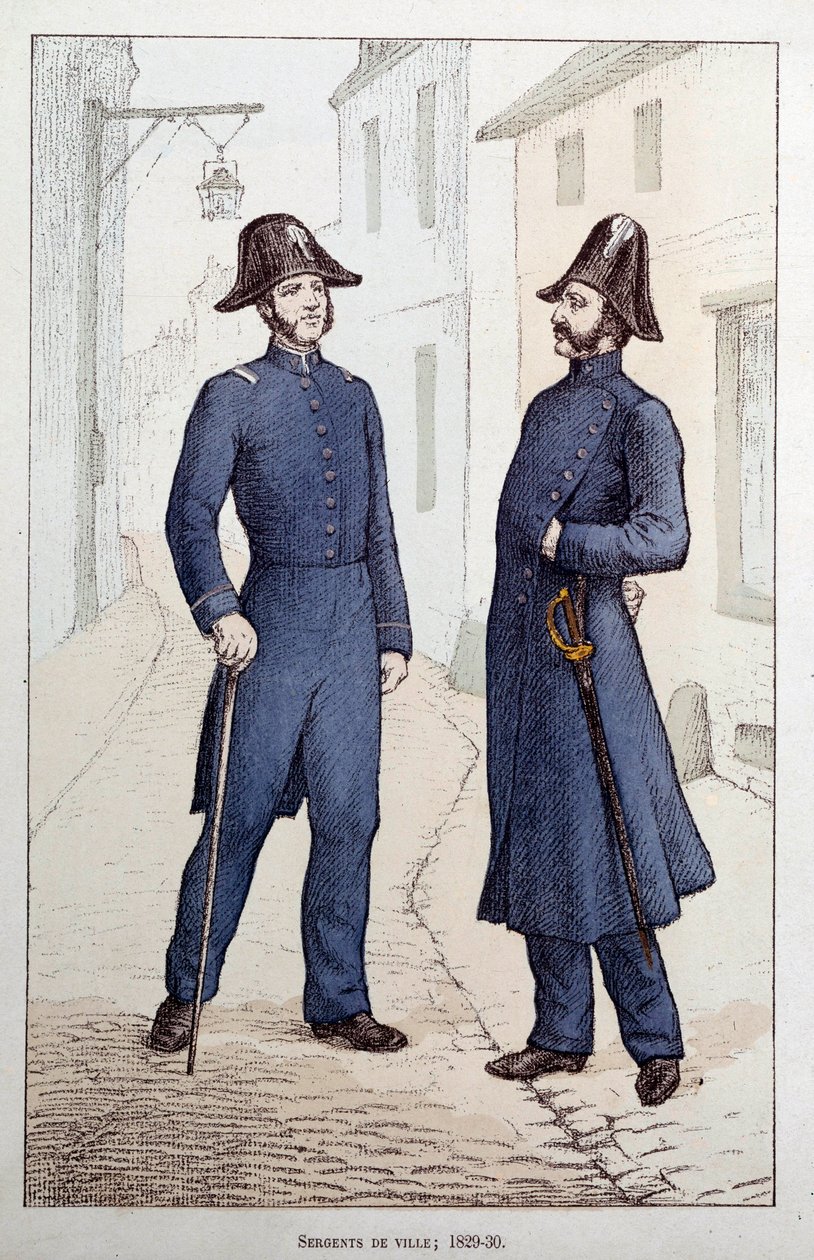 Sargentos da cidade. Dois agentes da lei a falar. Litografia por volta de 1829-1830 Prefeitura de Polícia, Paris. de French School