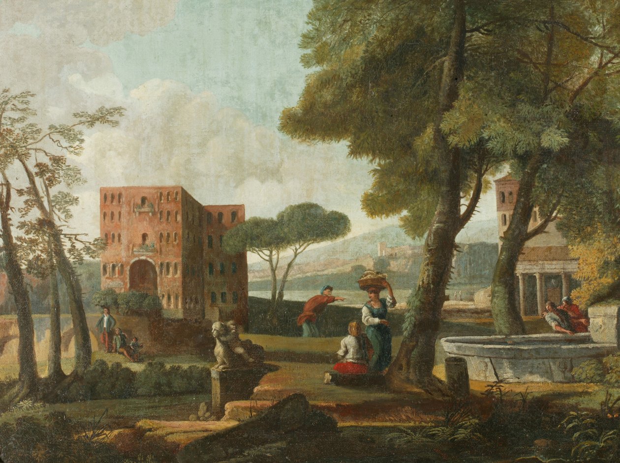Paisagem clássica com esfinge, c.1700 (óleo sobre tela) de French School