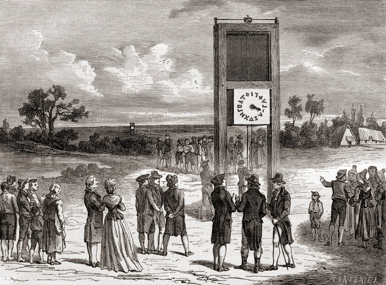 Claude Chappe demonstrando o seu primeiro sistema de telégrafo aéreo em 1791, de Les Merveilles de la Science, publicado por volta de 1870 (gravura) de French School