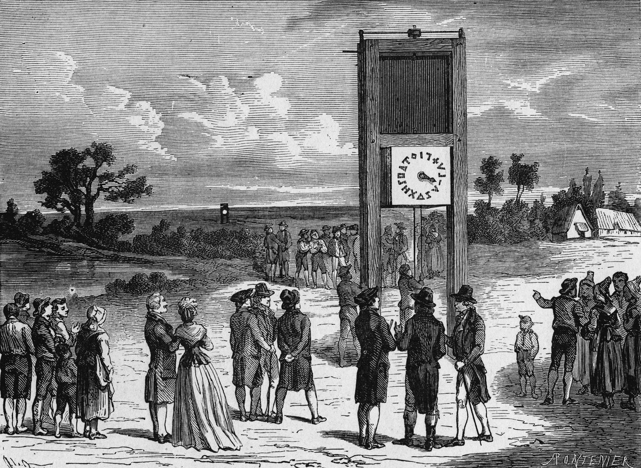 Claude Chappe experimentou seu primeiro telégrafo aeriano em 1793 - no "Album de la Science; ilustres estudiosos; Grandes descobertas" 1896. de French School