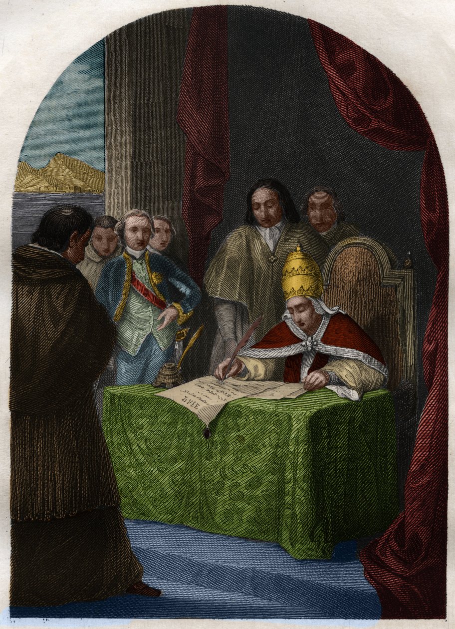 Clemente XIV (Clemente ou Clemens) (1705-1774) abolindo a Companhia Jesuíta a 21 de Julho de 1773. Gravura de 1842 em "Histoire des popes: crimes, assassinatos, envenenamentos, parricídios, adúlteros, incesto... por Maurice Lachatre. Coleção privada. de French School