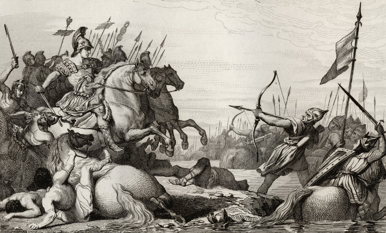 Clodion, The Hairy (c.428-47) Retiros em toda a ponte após sua derrota por Aécio, de &39;Histoire de France&39; por Colart, publicado c.1840 de French School