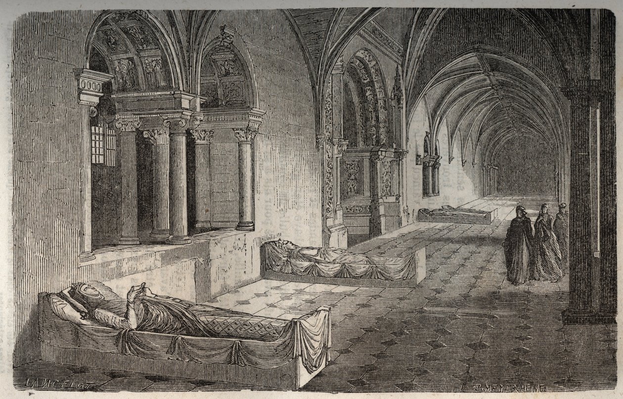 Cloitre de Fontevrault com estátuas de Henri II - Eleonore de Guyenne - gravura em "Histoire de France" de Victor Duruy (1811-1894) - 1882 de French School