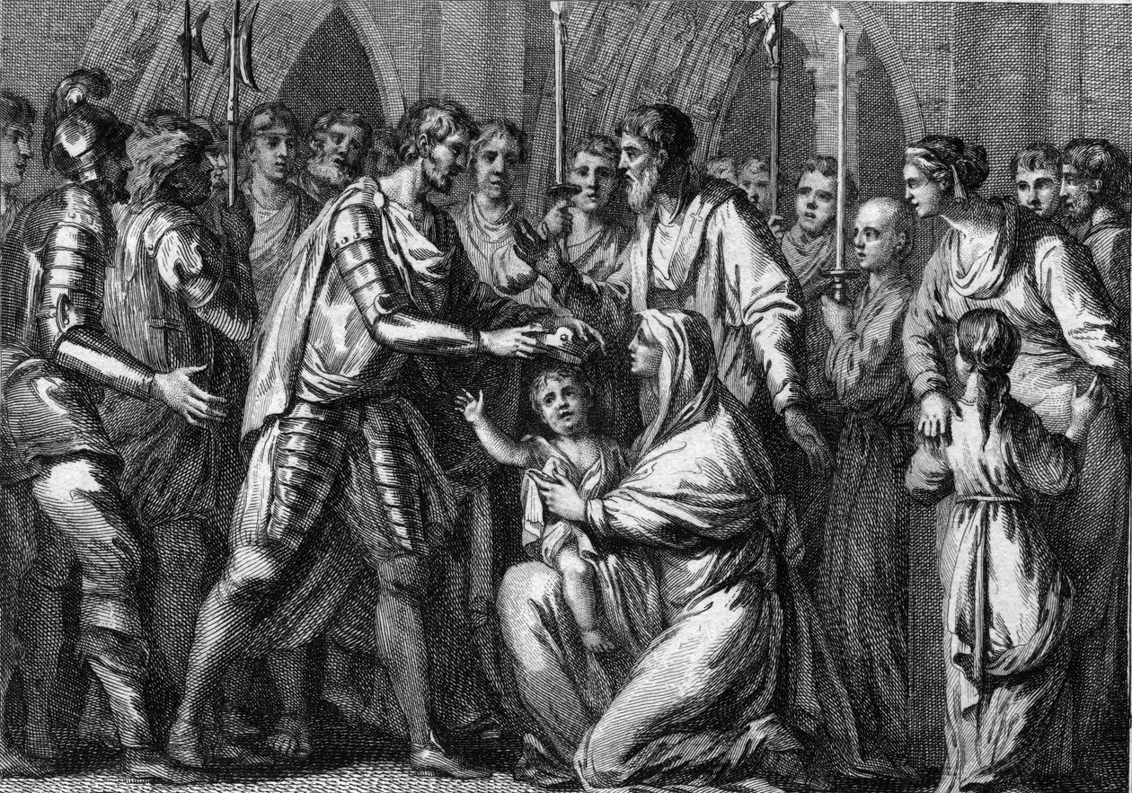 Clotaire (Clothaire) II, conhecido como o Jovem (584-628), rei coroado de Neustria por seu tio, Gontran I (ca. 545-592), rei de Orleans e Borgonha. Sua mãe, a rainha Fredegonde (ca. 545-597), o segura em seus braços. 584. Gravura do século XVIII. de French School