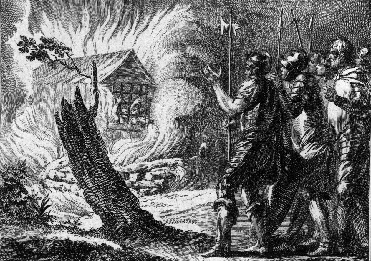 Clotaire (Clothaire) I (497-561), rei dos Francos, teve seu filho Chramne queimado em uma cabana, que se revoltou contra ele e sua família. Cerca de 560. Gravura do século XVIII. de French School