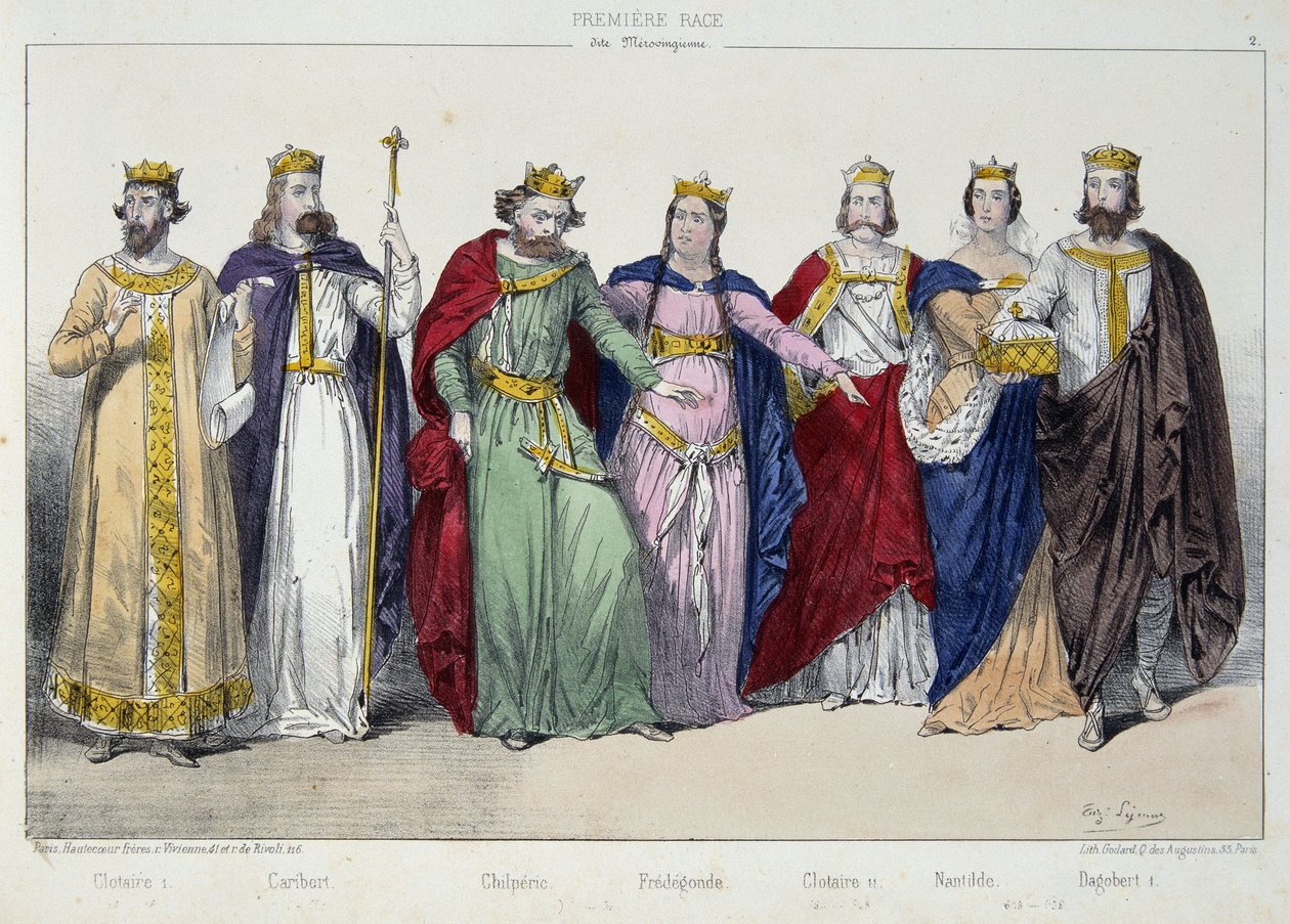Clotaire (Clothaire) I, Caribert, Chilperic, Fredegonde, Clotaire II, Nantilde, Dagobert I - in "La monarchy francaise en estampes de French School