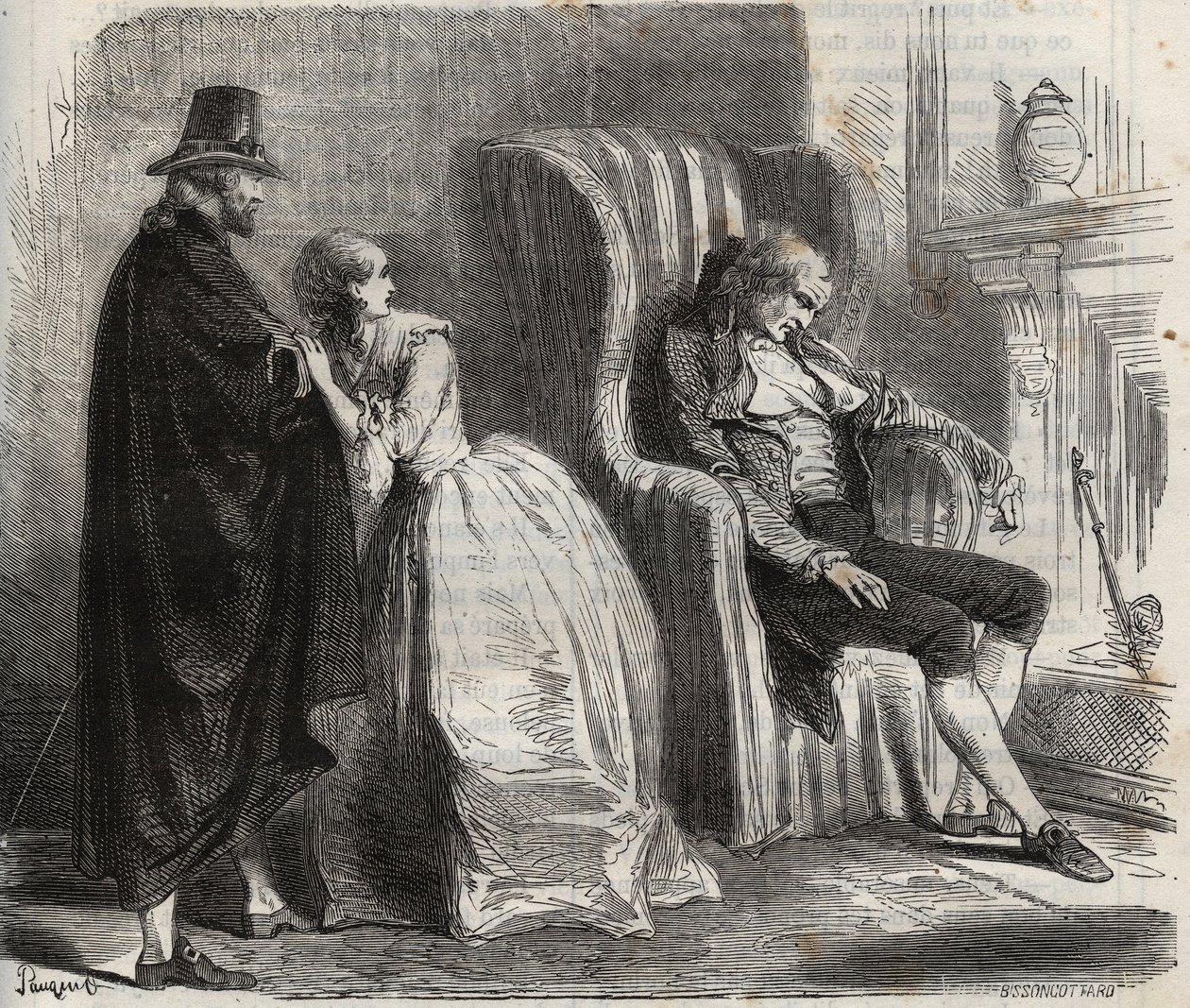 Clotilde Sprengel e Zacharie Bergmann observam o médico alemão Petrus Schultz a dormir em frente ao século XVIII. Gravura de 1871 em "Histoire Des Cocuses Celebres" de Henry de Kock (1819-1892). de French School