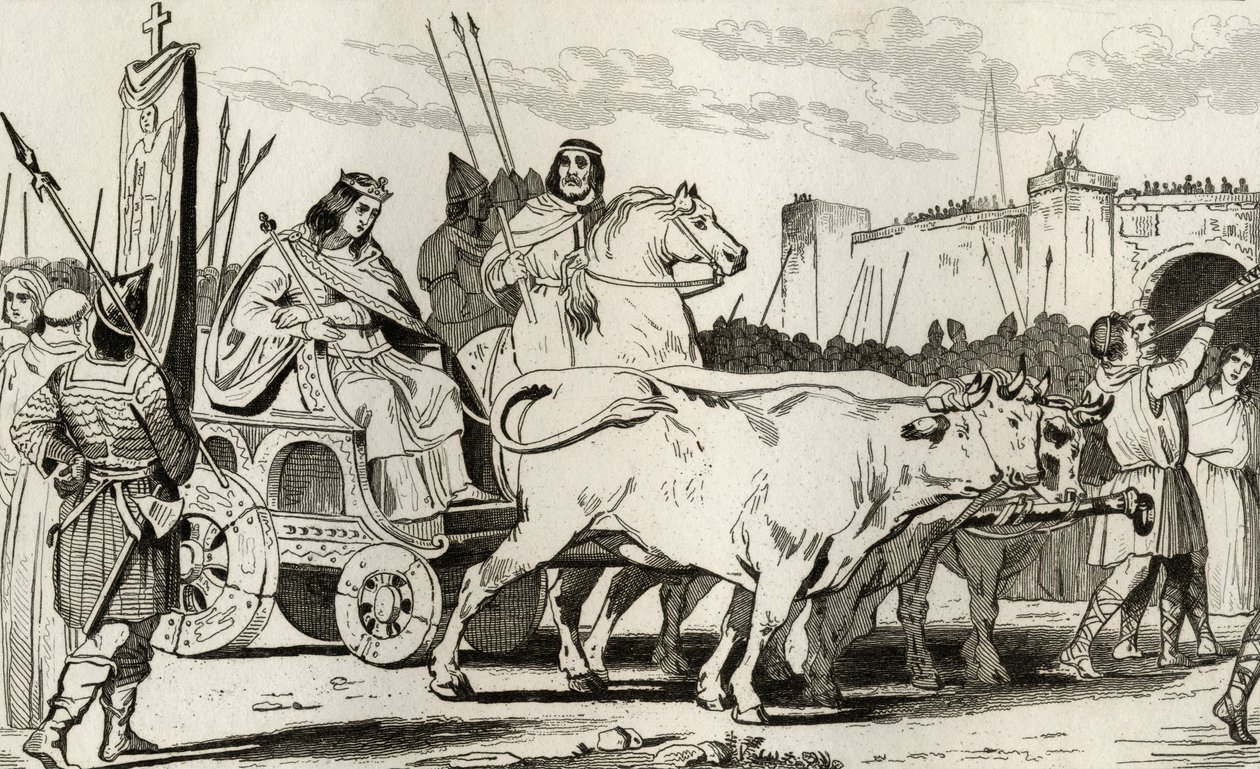Clóvis III (682-95) em uma Carruagem puxada por Bois, com Pepino II de Herstal (c.714) Cavalgando ao Lado Dele, de &39;Histoire de France&39; por Colart, publicado em 1840 de French School