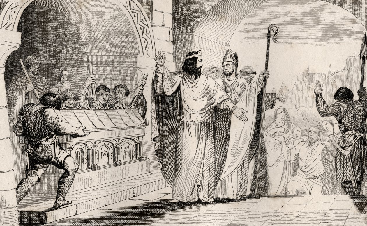 Clovis II (635-57) Vendendo Prata e Ouro do Santuário para Alimentar os Pobres, de &39;Histoire de France&39; de Colart, publicado em 1840 de French School