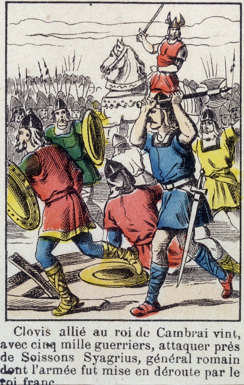 Clovis, aliado ao rei de Cambrai, veio, com 5000 guerreiros, para atacar perto de Soissons Syagrius, o general romano, cujo exército foi derrotado pelo rei franquista. de French School