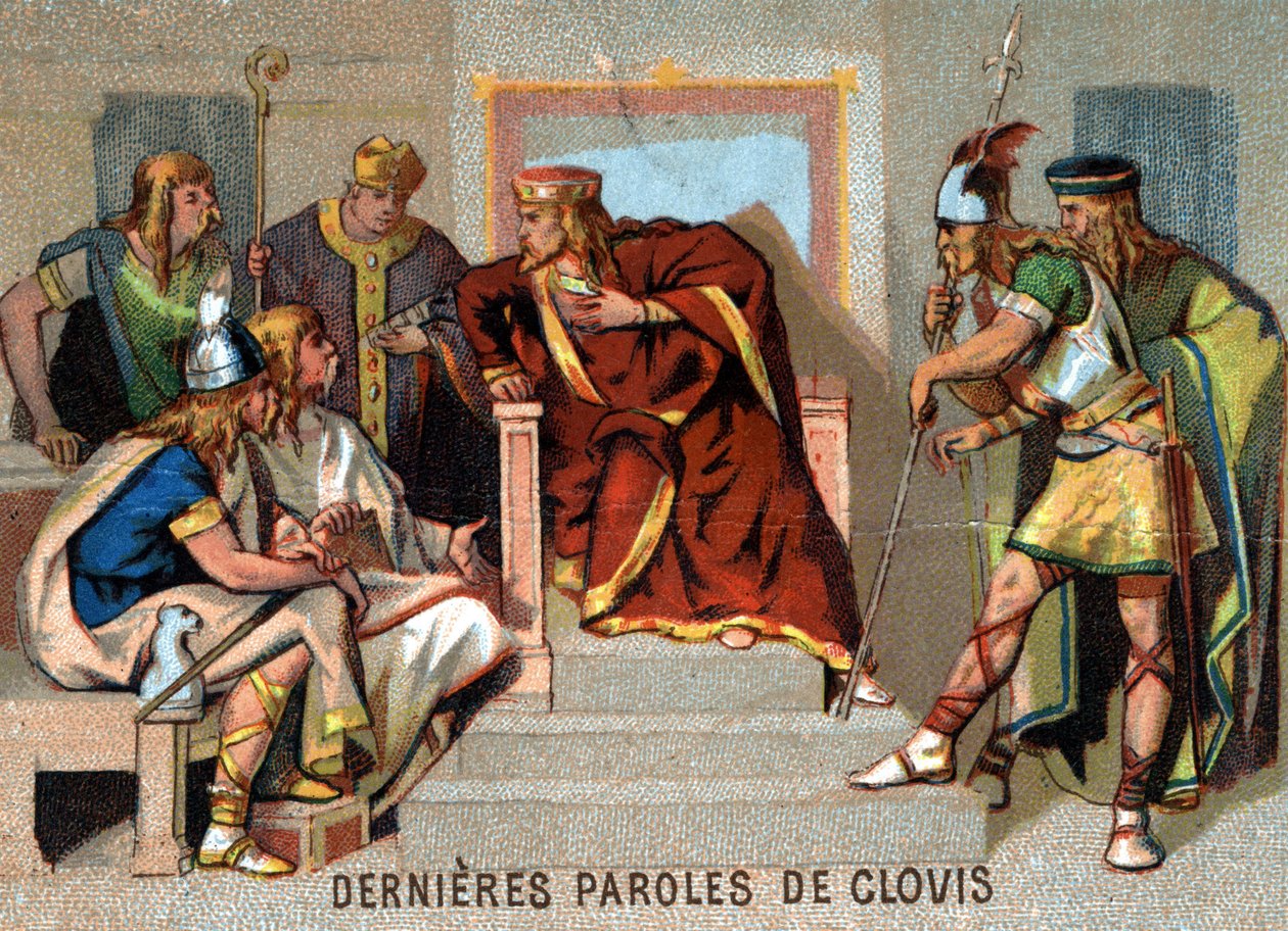 As últimas palavras de Clovis: "Infeliz estou! Continuo como um viajante entre estranhos e não tenho mais pais para me apoiar se a adversidade vier." Cromolitografia da série "Educação Patriótica pela Imagem". de French School